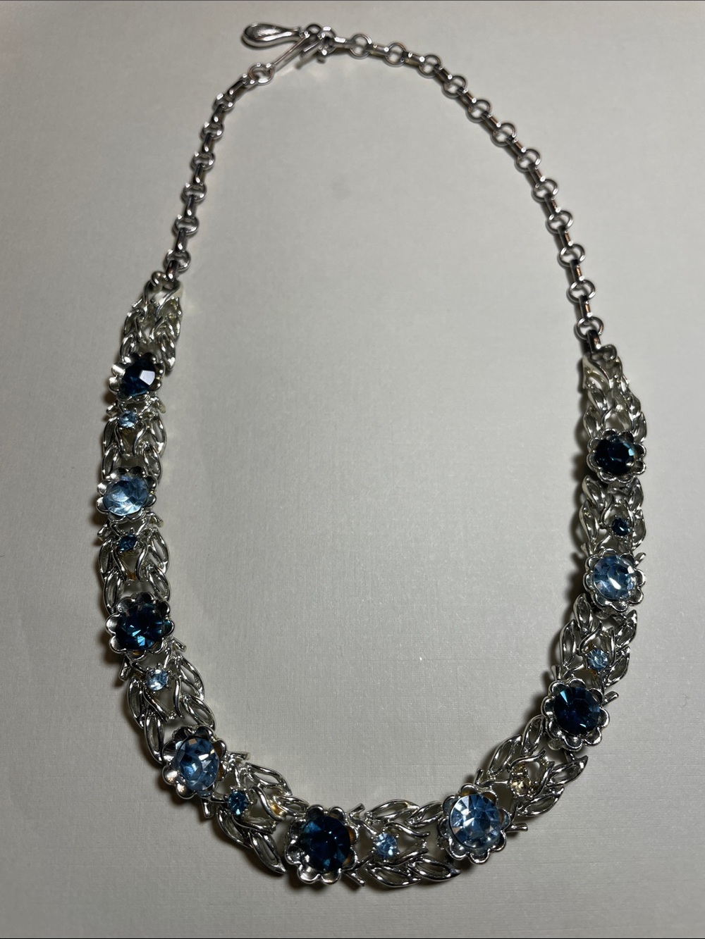 Vintage Coro Signed Necklace Floral Blue Rhinestone Metal link flower links